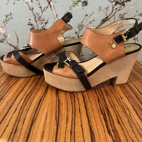Michael by Michael Kors Leather Criss Cross Wedge Sandals Brown/Black Size 6.5M - Picture 1 of 12